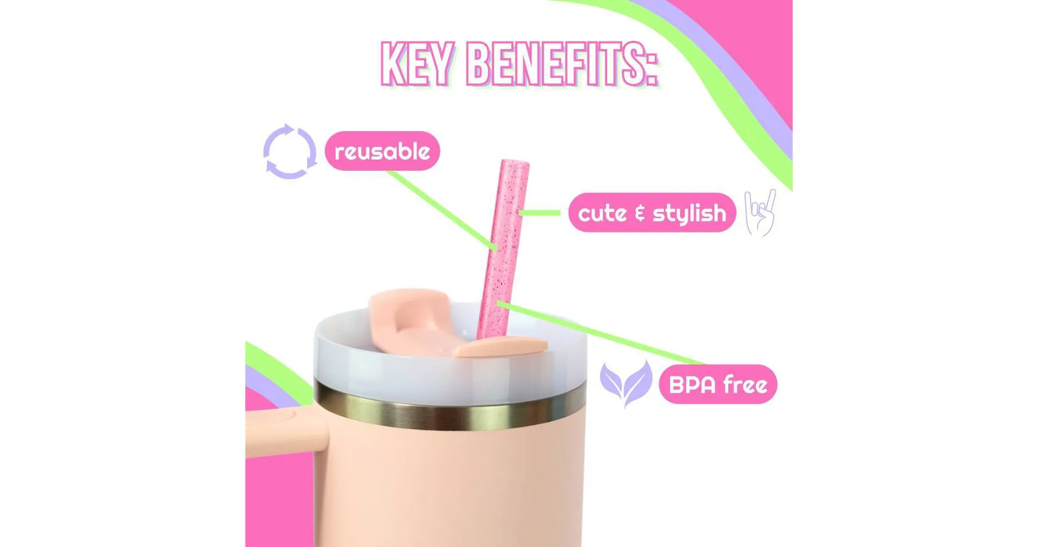Glitter Water Bottle Straws - Pink - Image 3