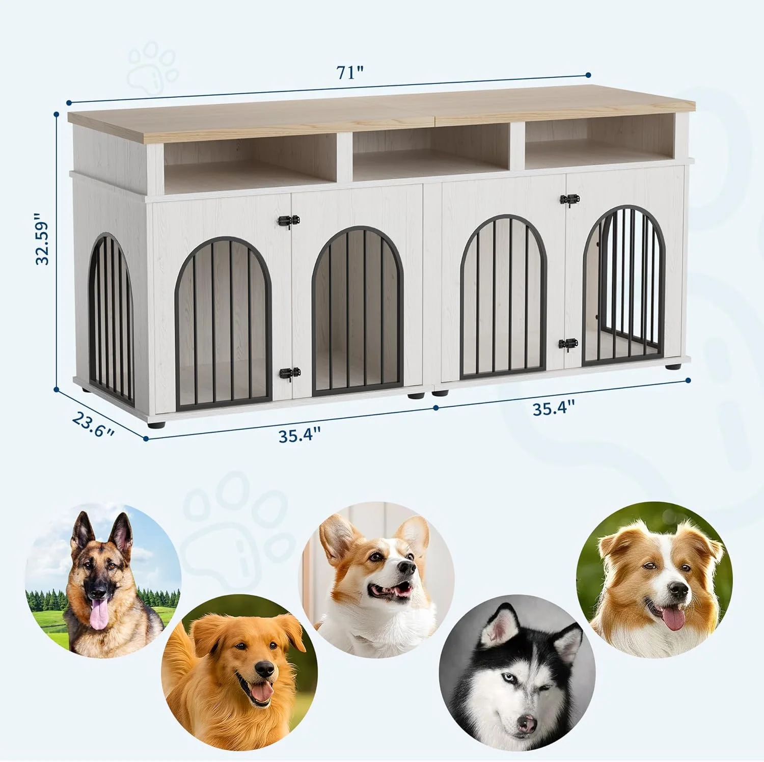 71" Double Dog Crate Furniture w/ 3 Storage Shelves - Heavy Duty XL Kennel for 2 Medium Dogs, 8 Adjustable Feet - Image 2