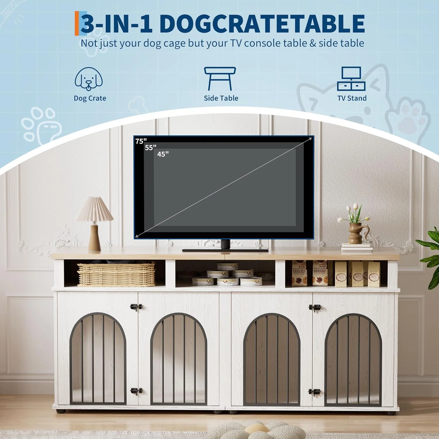 71" Double Dog Crate Furniture w/ 3 Storage Shelves - Heavy Duty XL Kennel for 2 Medium Dogs, 8 Adjustable Feet - Image 4