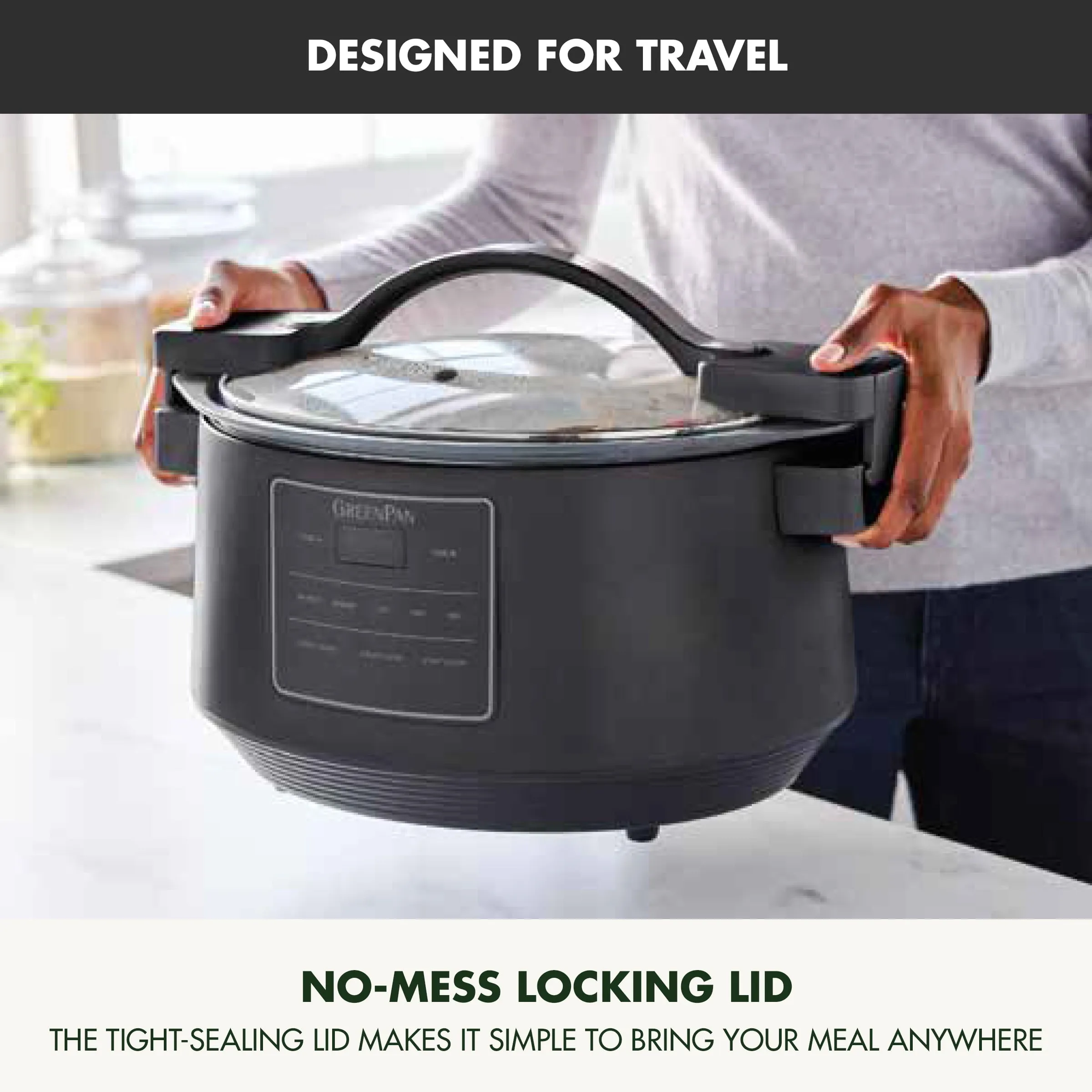 GreenPan 8 Quart Locking Lid Slow Cooker - Healthy Ceramic Nonstick, Graphite - Image 4