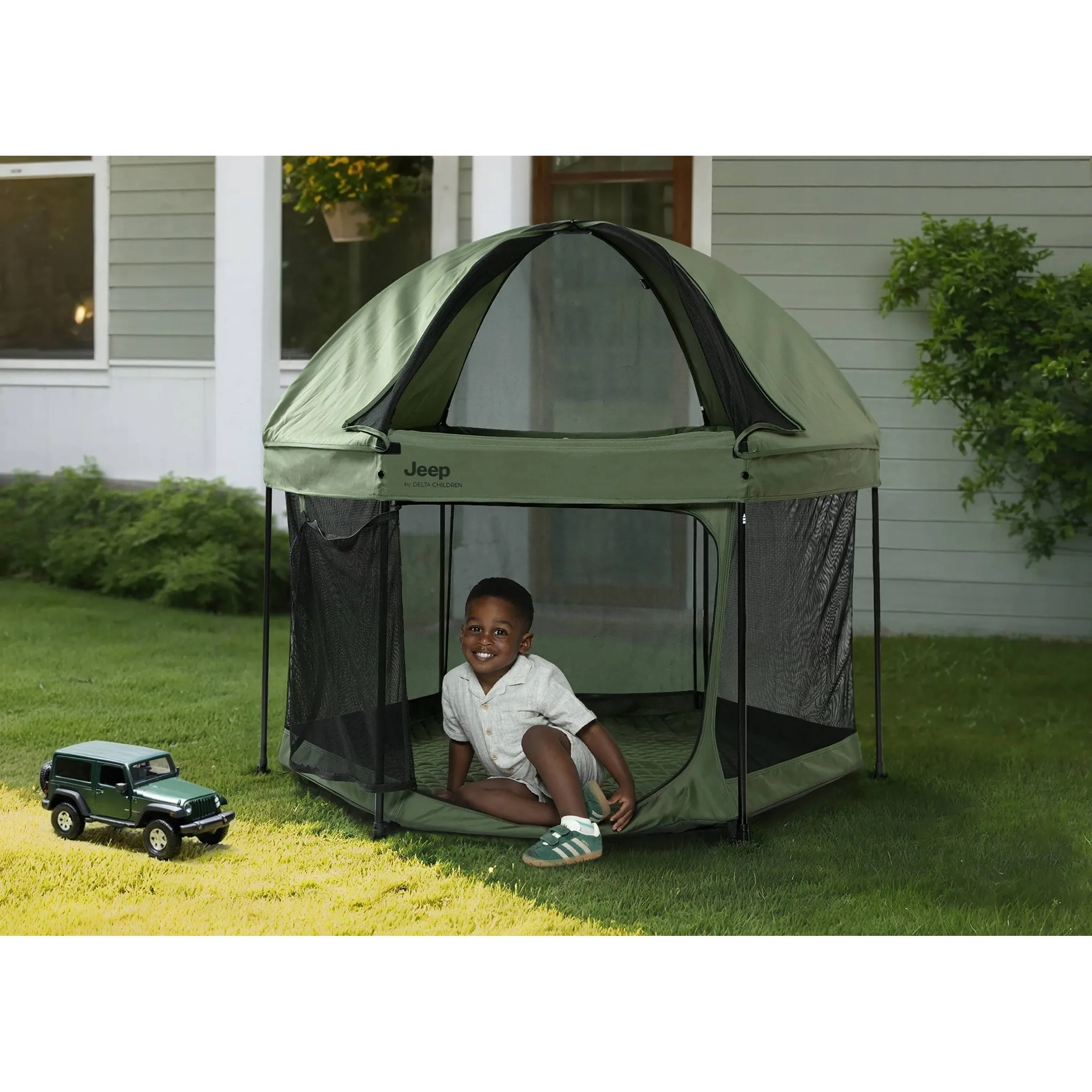 Hexagon Pop Up Playard with Removable Canopy - Olive Green - Image 5