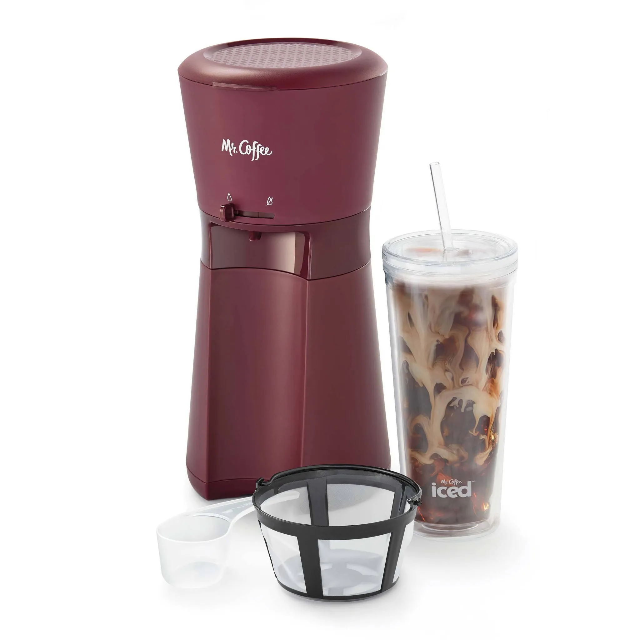 Iced Coffee Maker with Reusable Tumbler and Coffee Filter - Burgundy: Brews Iced Coffee, 22 oz Capacity