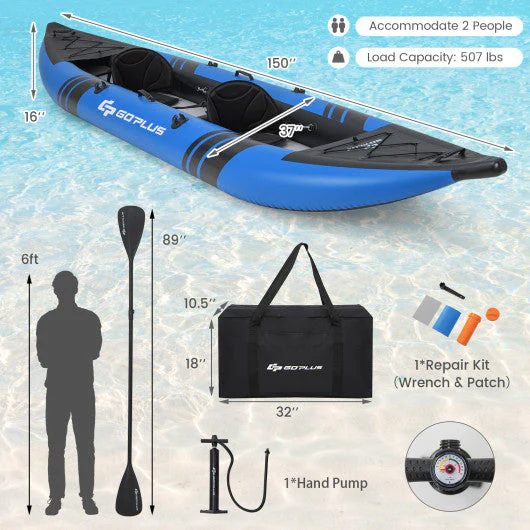 Inflatable 2-Person Kayak Set With Aluminium Oars and Repair Kit-Blue - Image 5