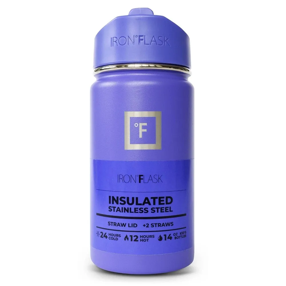 IRON FLASK 14oz Stainless Steel Water Bottle with Plastic Lid Grape Purple: Insulated Kids & Toddler Drinkware