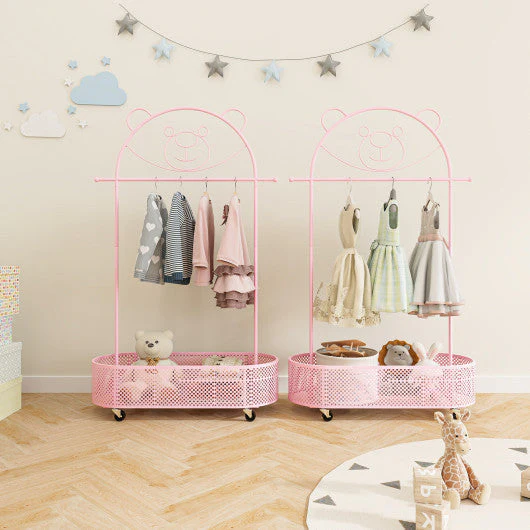 Kid Clothes Rack With 3 Adjustable Heights and Wheels-Pink - Image 16