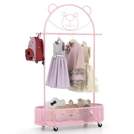 Kid Clothes Rack With 3 Adjustable Heights and Wheels-Pink - Image 7