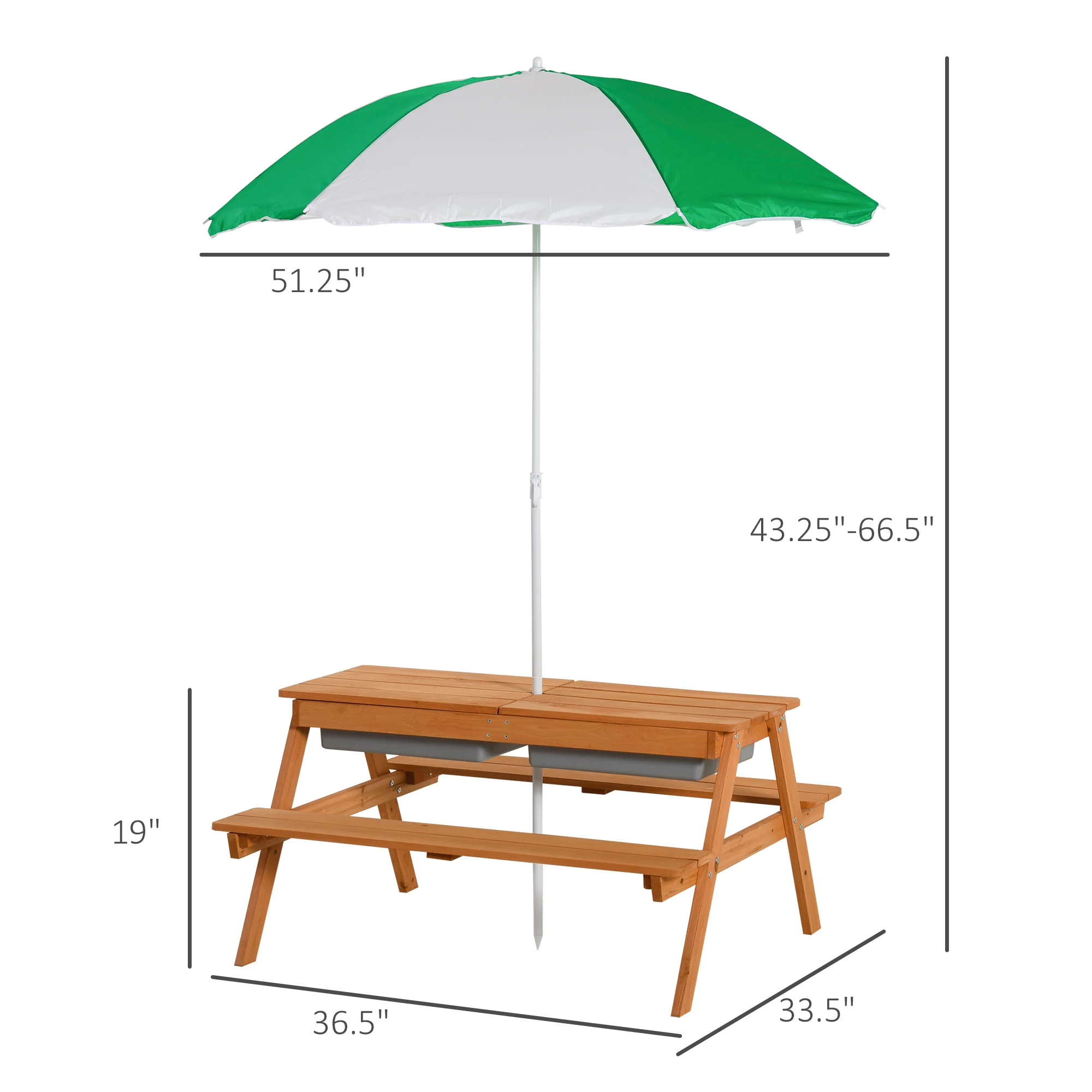 Kids 3 in 1 Sand and Water Table, Wooden Outdoor Convertible Picnic Table with Umbrella and Storage Inside, Bench Backyard Furniture for Garden, Patio, or Balcony - Image 2
