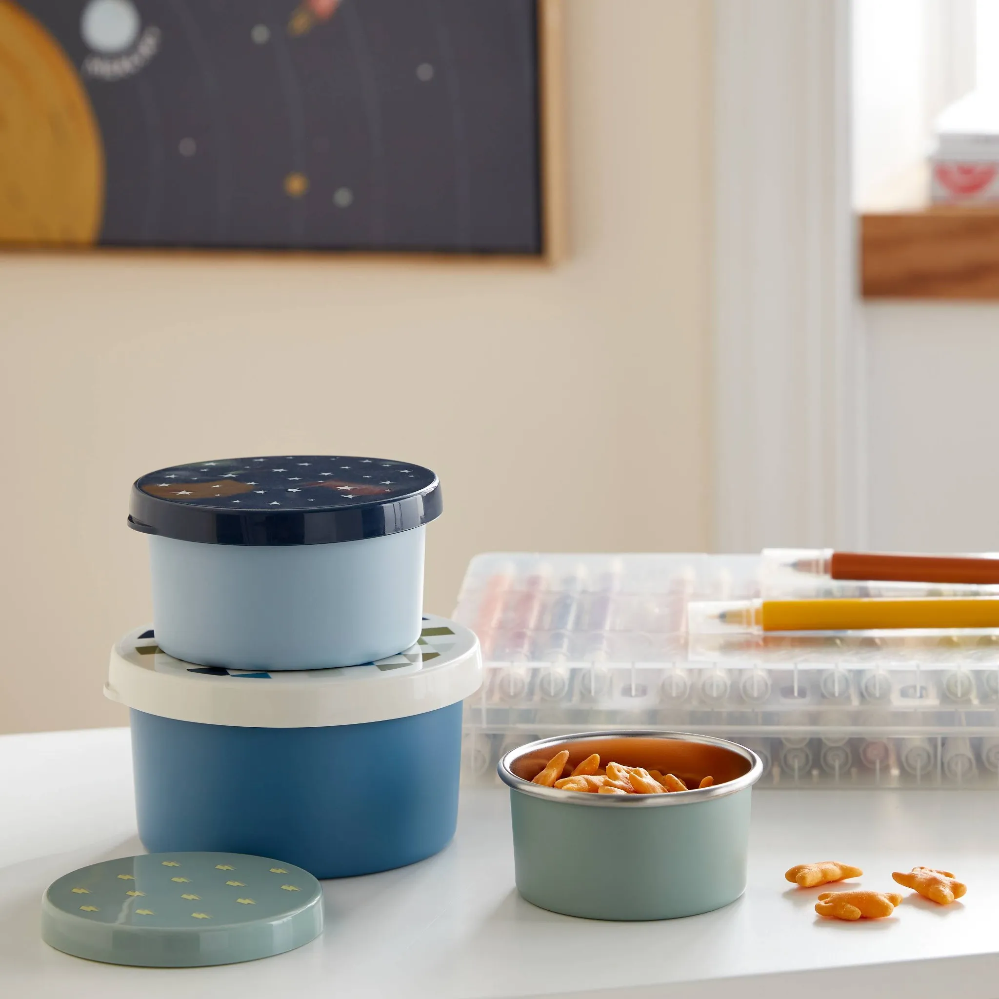 Kids' 3pk Checkered Single Wall Stainless Steel Round Snack boxes Blue - Image 2