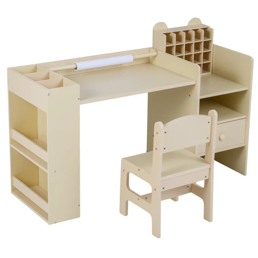 Kids Art Table and Chair Set With Detachable Paper Roll Holder and Cabinet-Natural