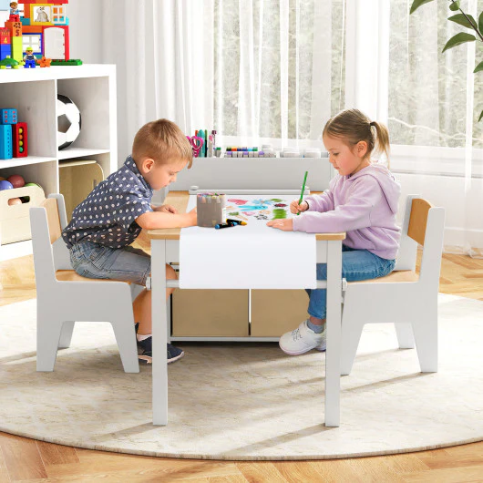 Kids Art Table and Chairs Set With 2 Chairs and Paper Roll-Natural - Image 4