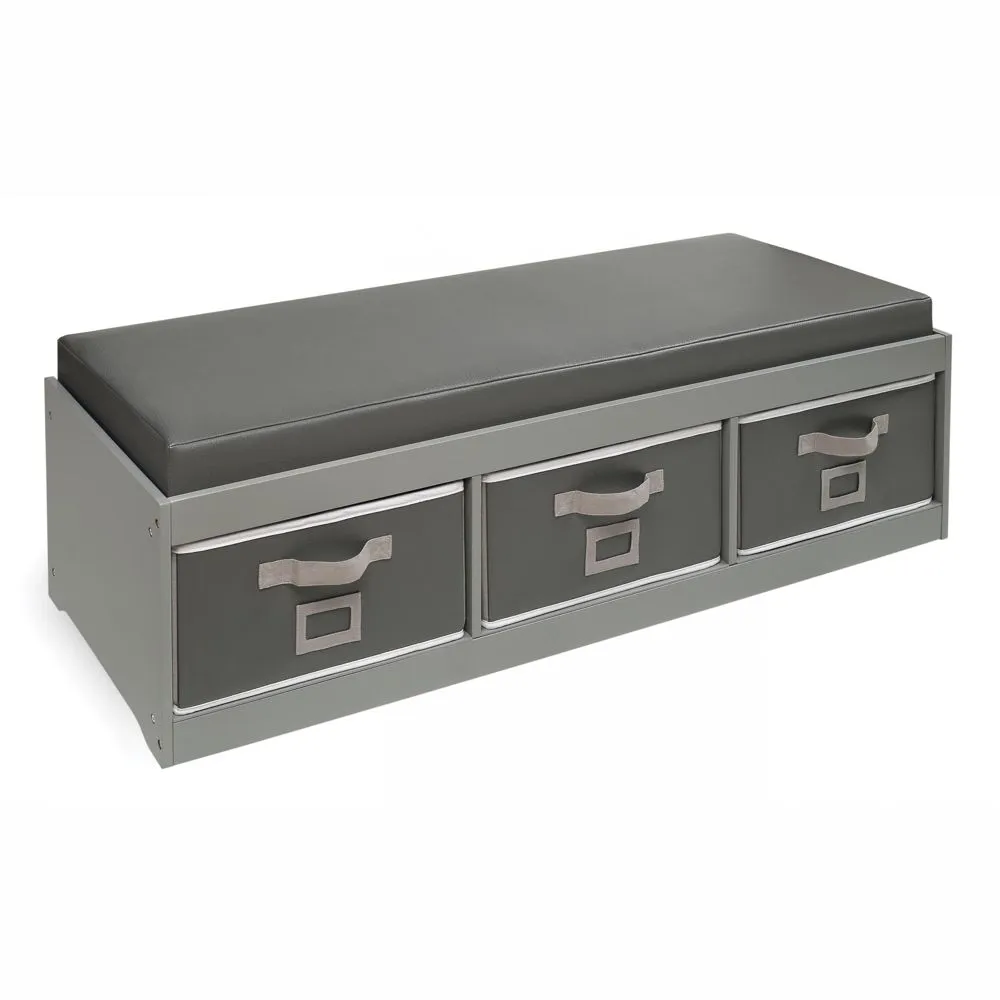 Kid's Storage Bench with Cushion and Three Bins - Gray