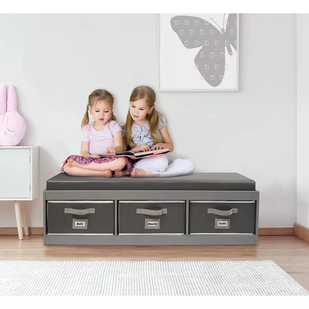 Kid's Storage Bench with Cushion and Three Bins - Gray - Image 3