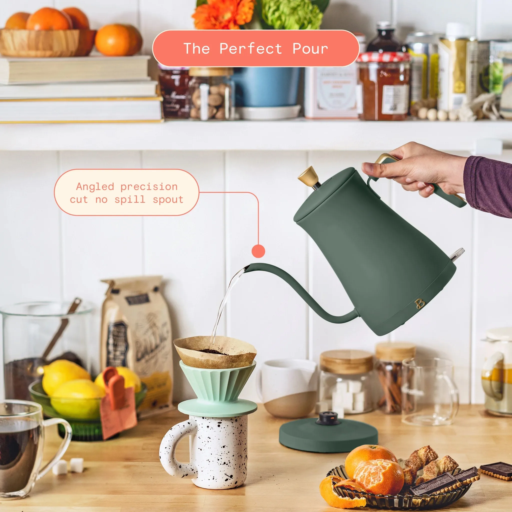 1-Liter Electric Gooseneck Kettle 1200 W, Thyme Green by Drew Barrymore - Image 3