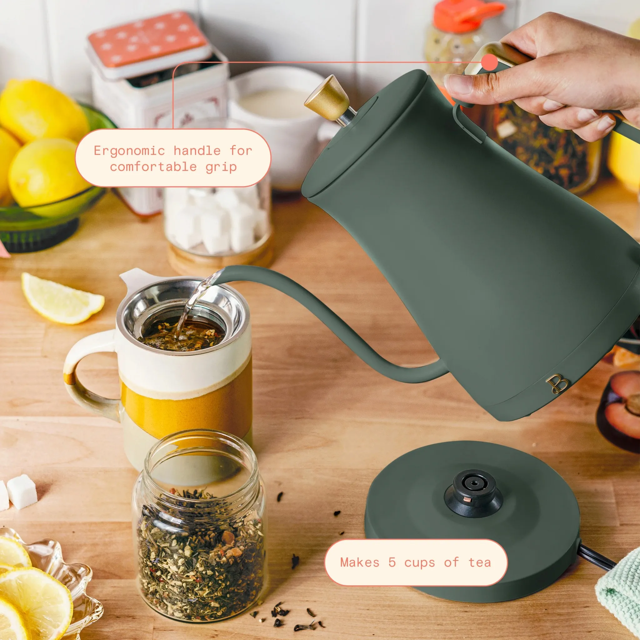 1-Liter Electric Gooseneck Kettle 1200 W, Thyme Green by Drew Barrymore - Image 6