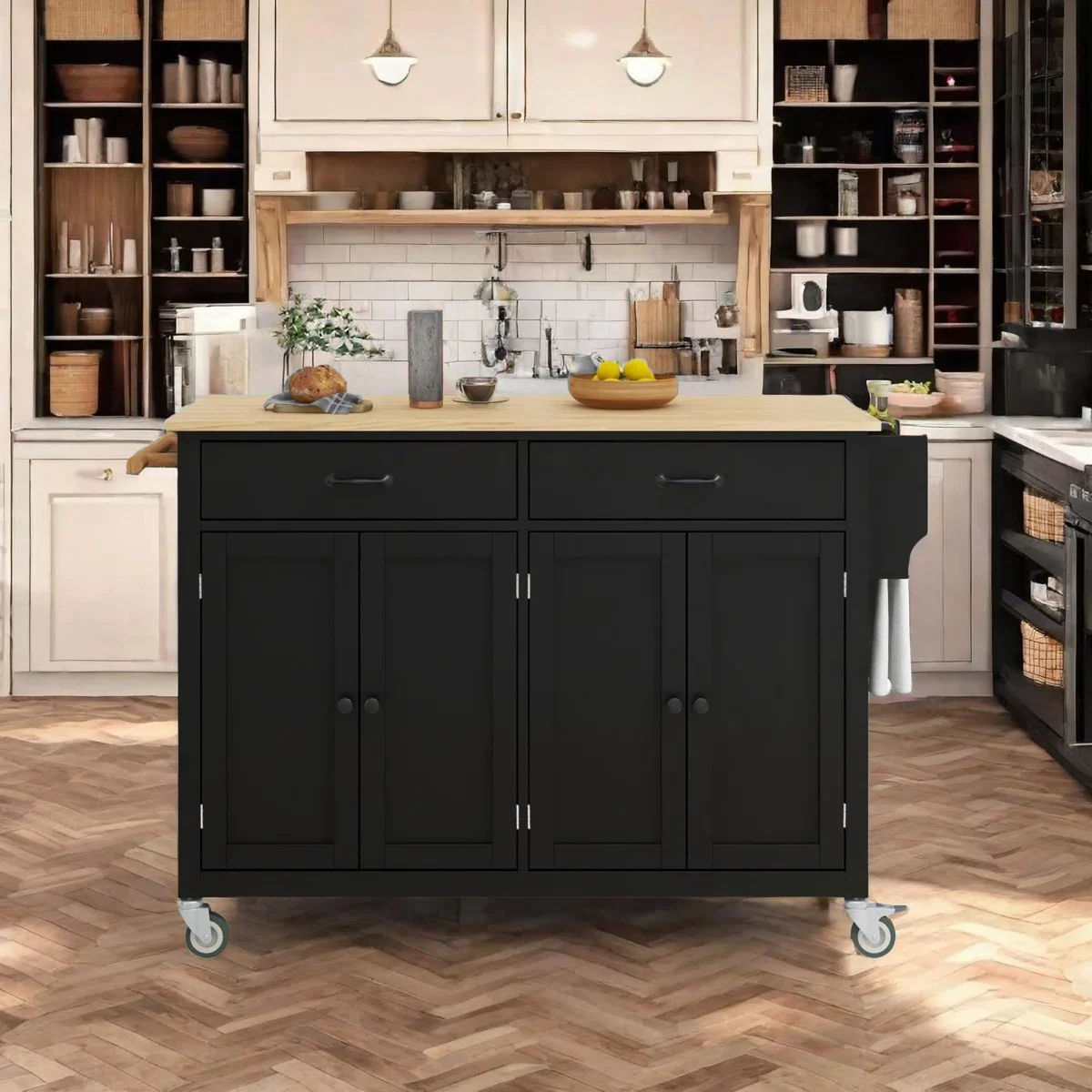 Kitchen Island Cart with Cabinet and Drawers - Black