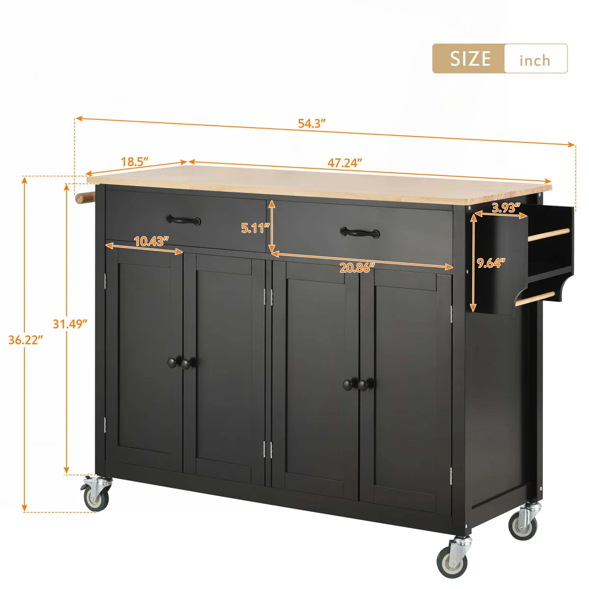 Kitchen Island Cart with Cabinet and Drawers - Black - Image 3