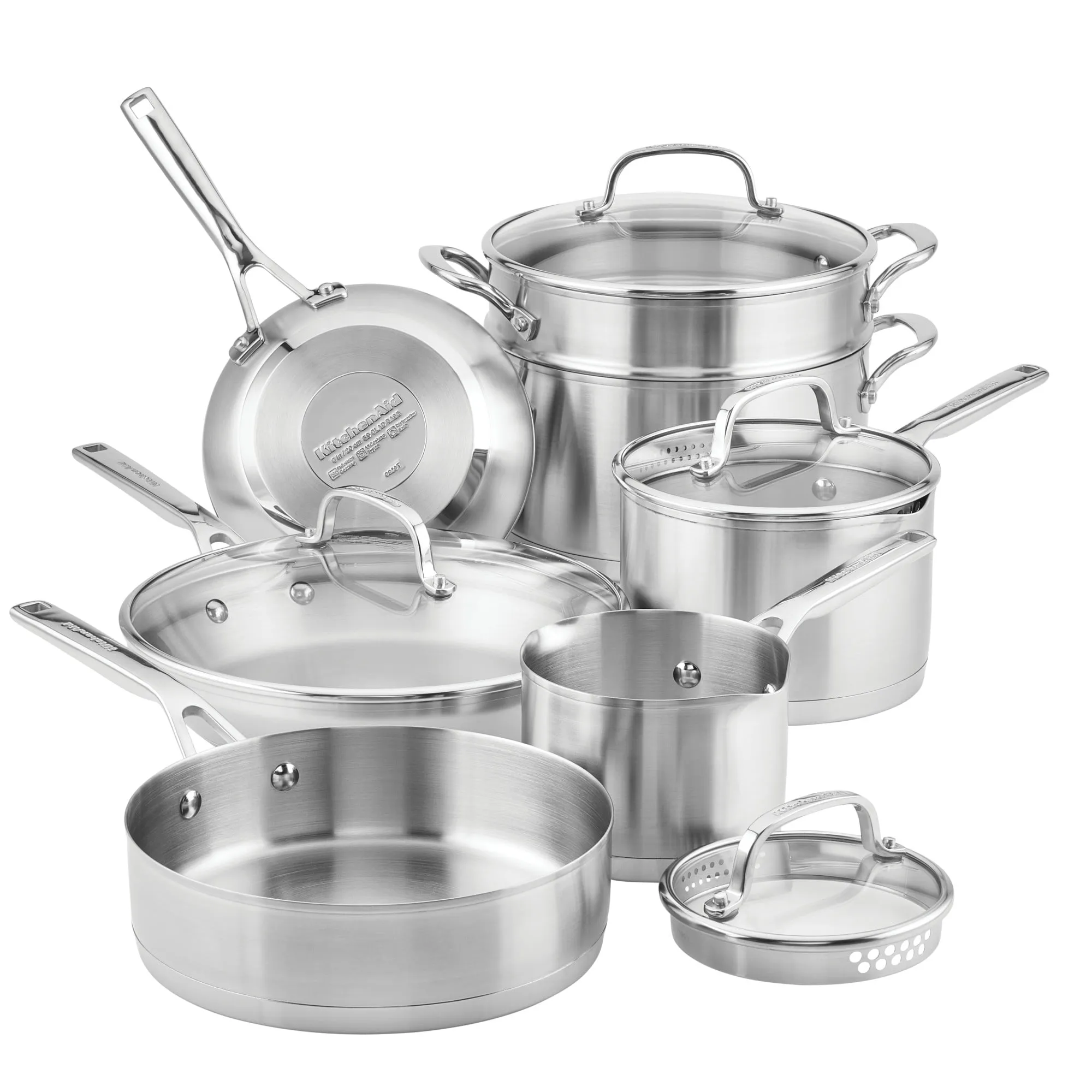 KitchenAid 3-Ply Base Stainless Steel Cookware Set - 11 Piece - Brushed Stainless Steel