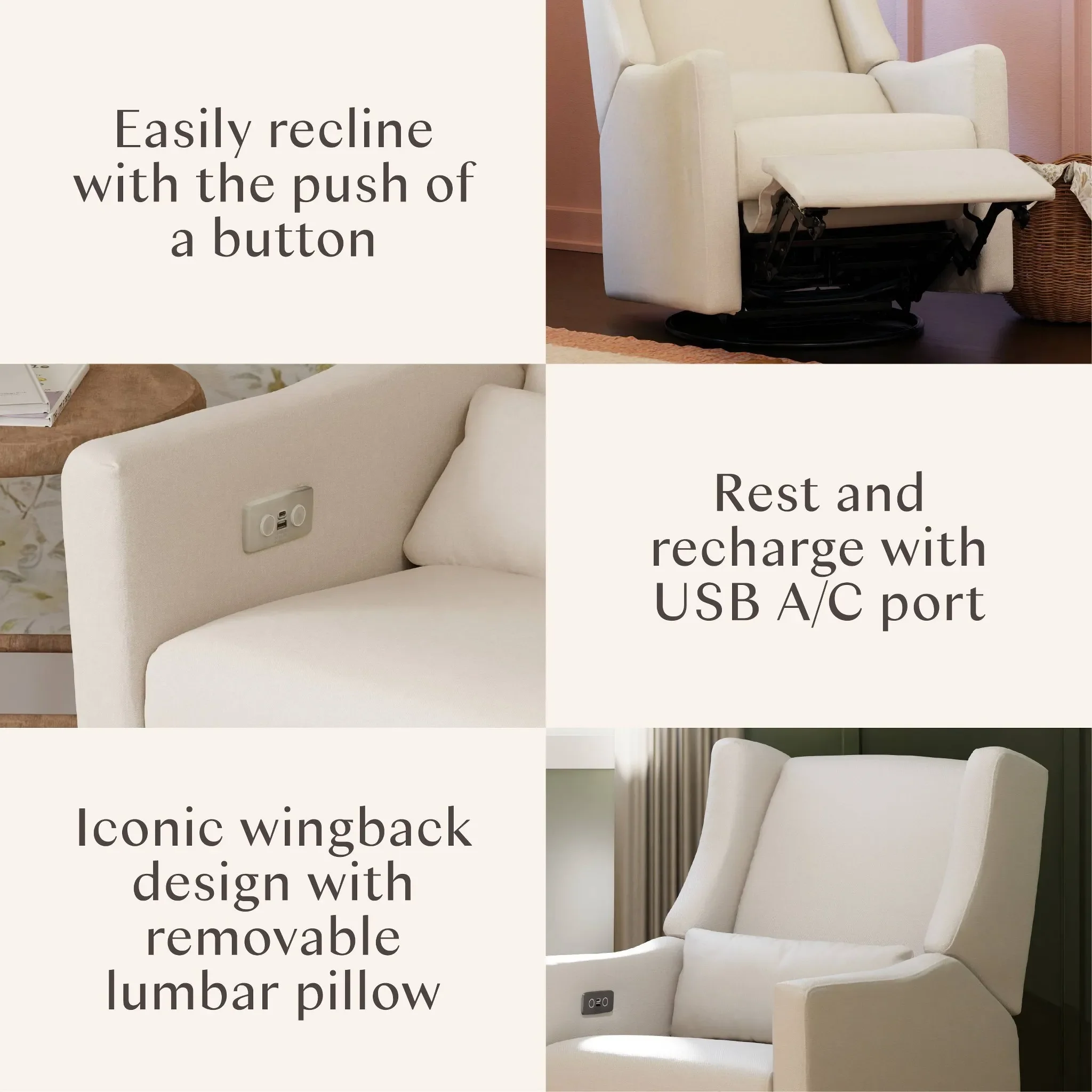Kiwi Electronic Recliner and Swivel Glider with USB port - Performance Cream Eco-Weave - Image 7