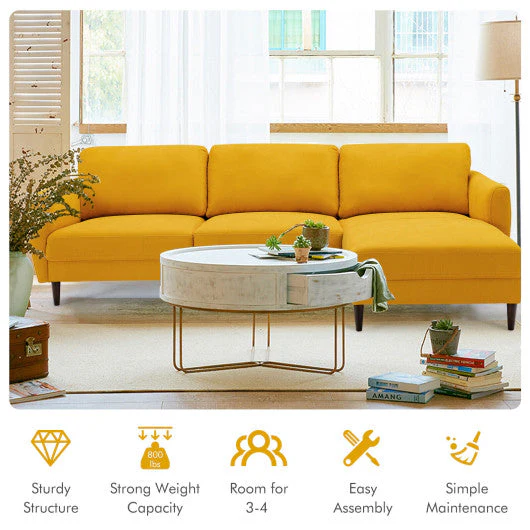 L-Shaped Fabric Sectional Sofa With Chaise Lounge and Solid Wood Legs-Yellow - Image 3