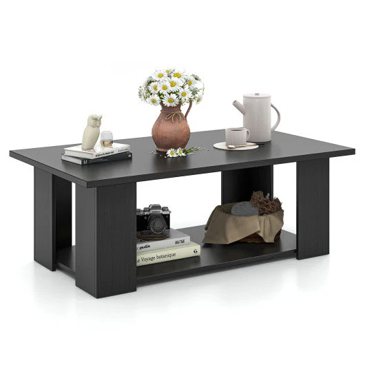 Large 36/41 Inch 2-Tier Wooden Modern Coffee Table With Storage Shelf-Black - Image 4