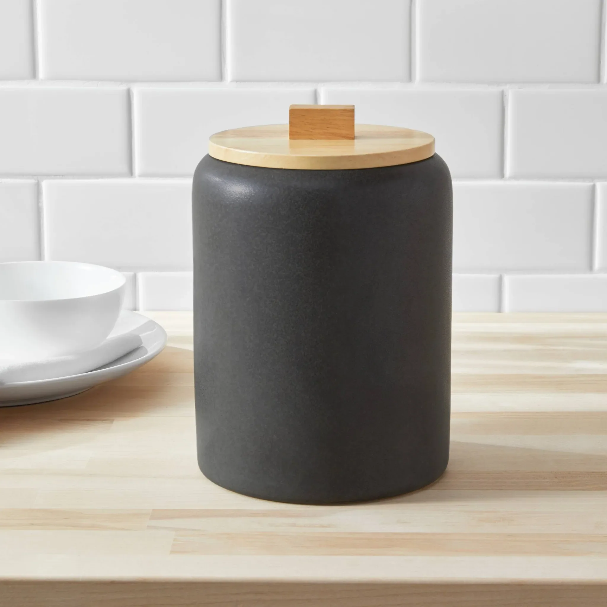 Large Stoneware Tilley Food Storage Canister with Wood Lid - Black - Image 3