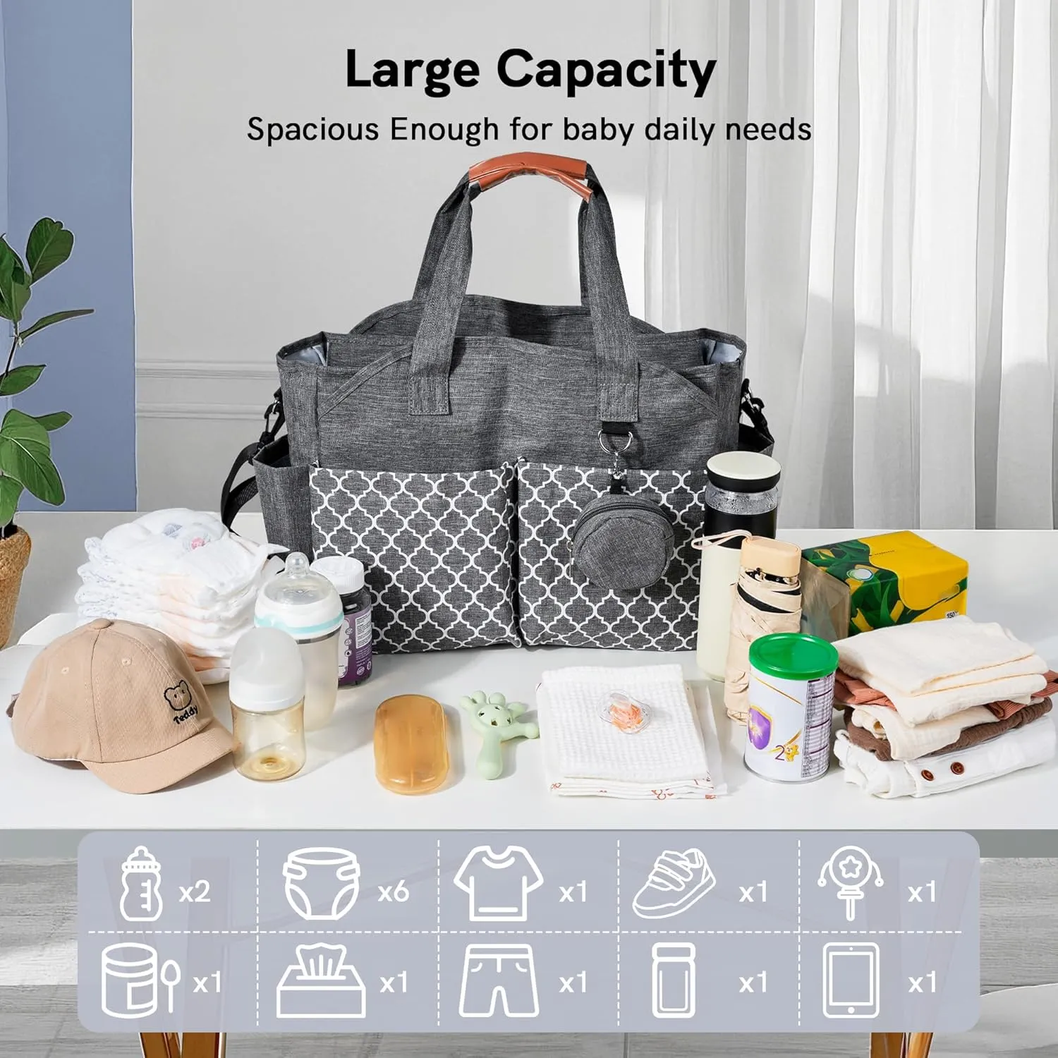 Large Waterproof Diaper Bag Tote - Grey - Image 5