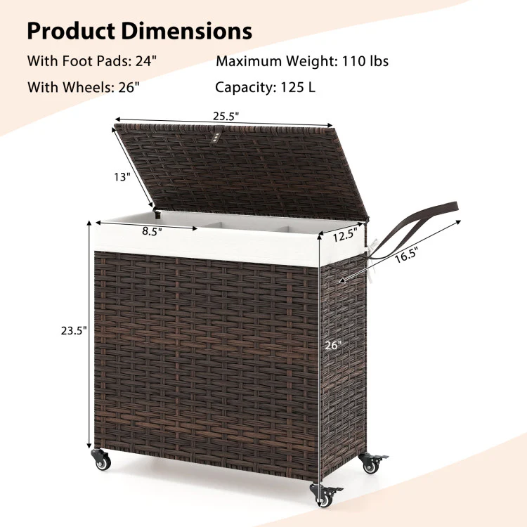 Laundry Hamper With Wheels and Lid-Brown - Image 7