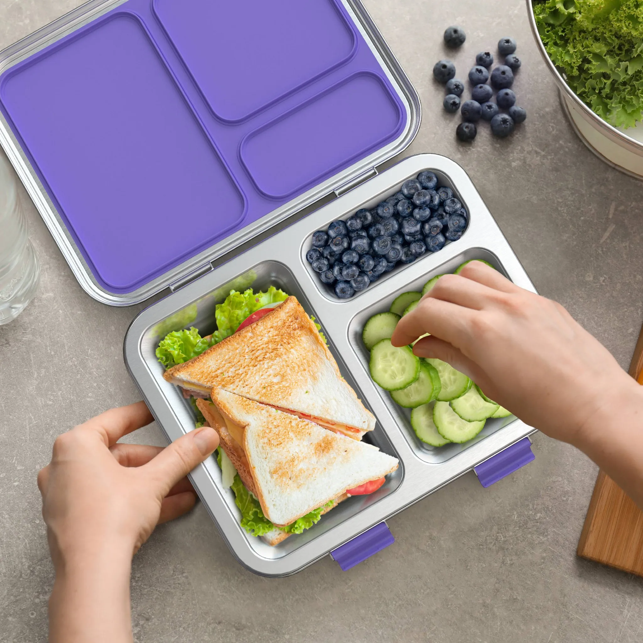 Leakproof 3-Compartment Bento-Style Lunch Box - Purple - Image 2