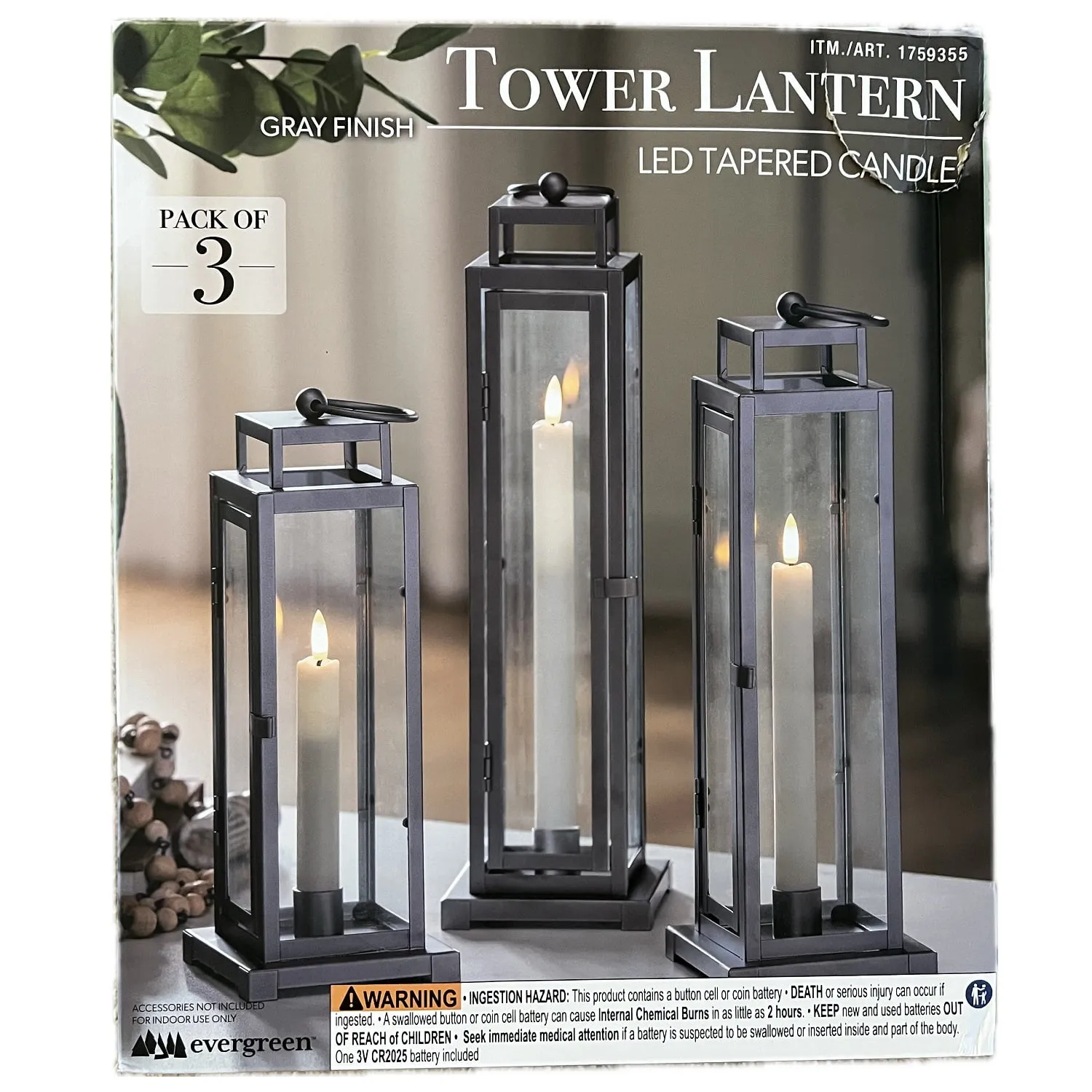LED Tapered Candle Tower Lantern, 3 Count (Gray Finish) - Image 2