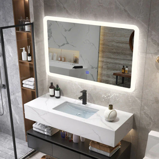 LED Wall-Mounted Bathroom Rounded Arc Corner Mirror With Touch - Image 2