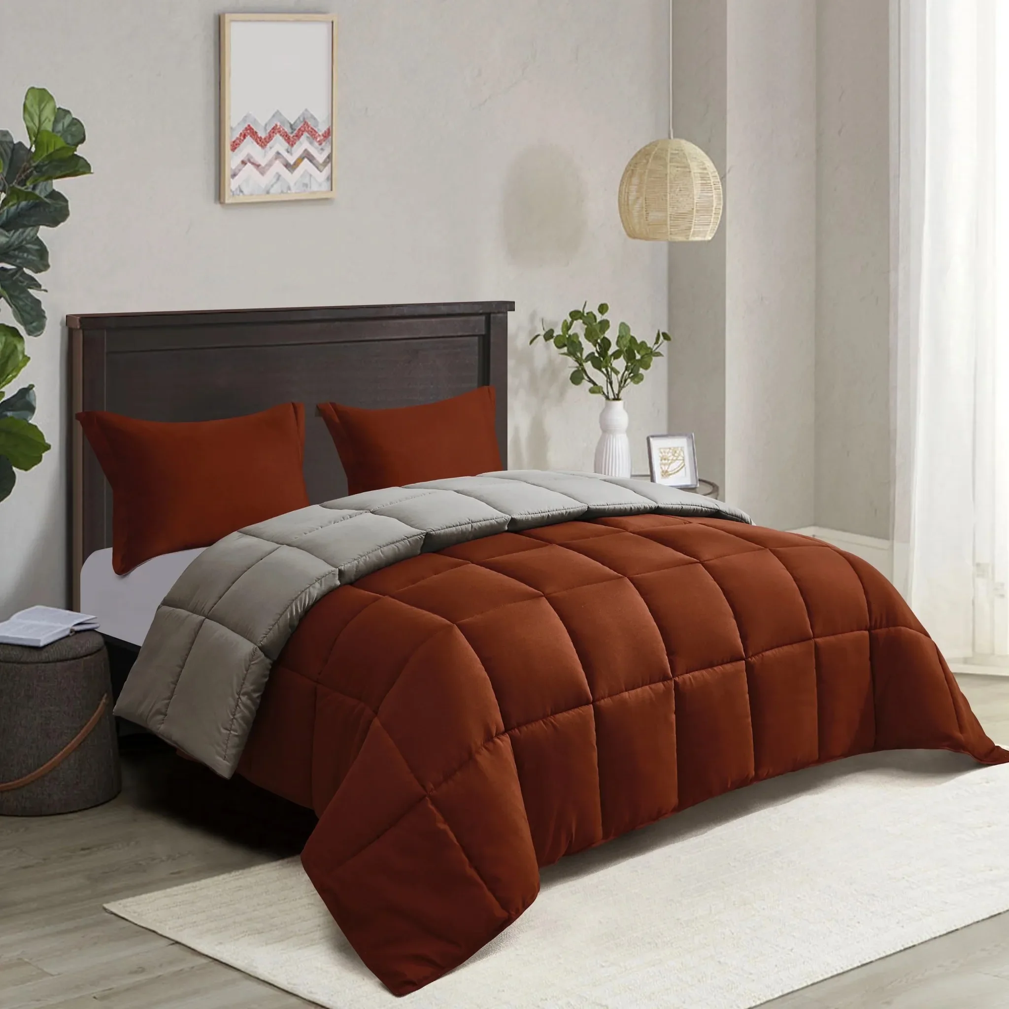 Light Weight Down Alternative Reversible Comforter Set, King - Brick - Image 2