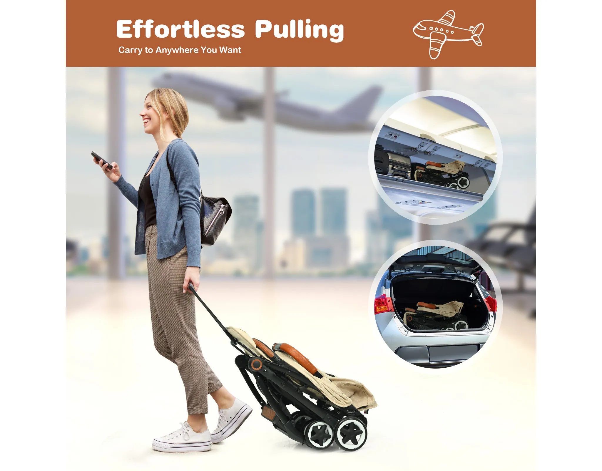 Lightweight Baby Stroller Aluminium Frame w/ Net for Travel - Beige - Image 3