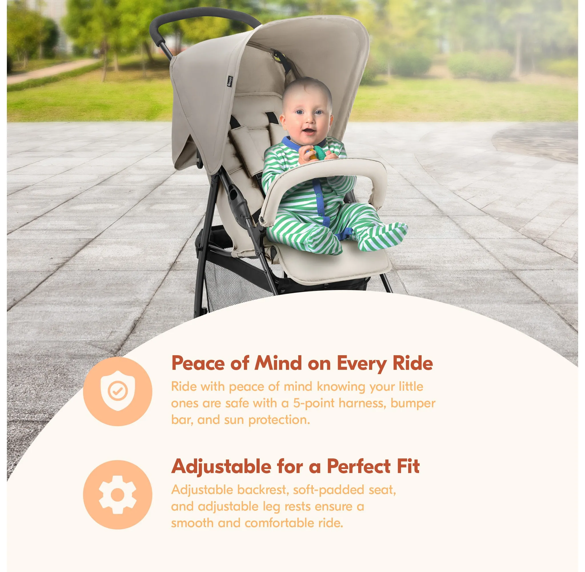 Sport T13 Lightweight Compact and Foldable Stroller, Pushchair - Beige - Image 2