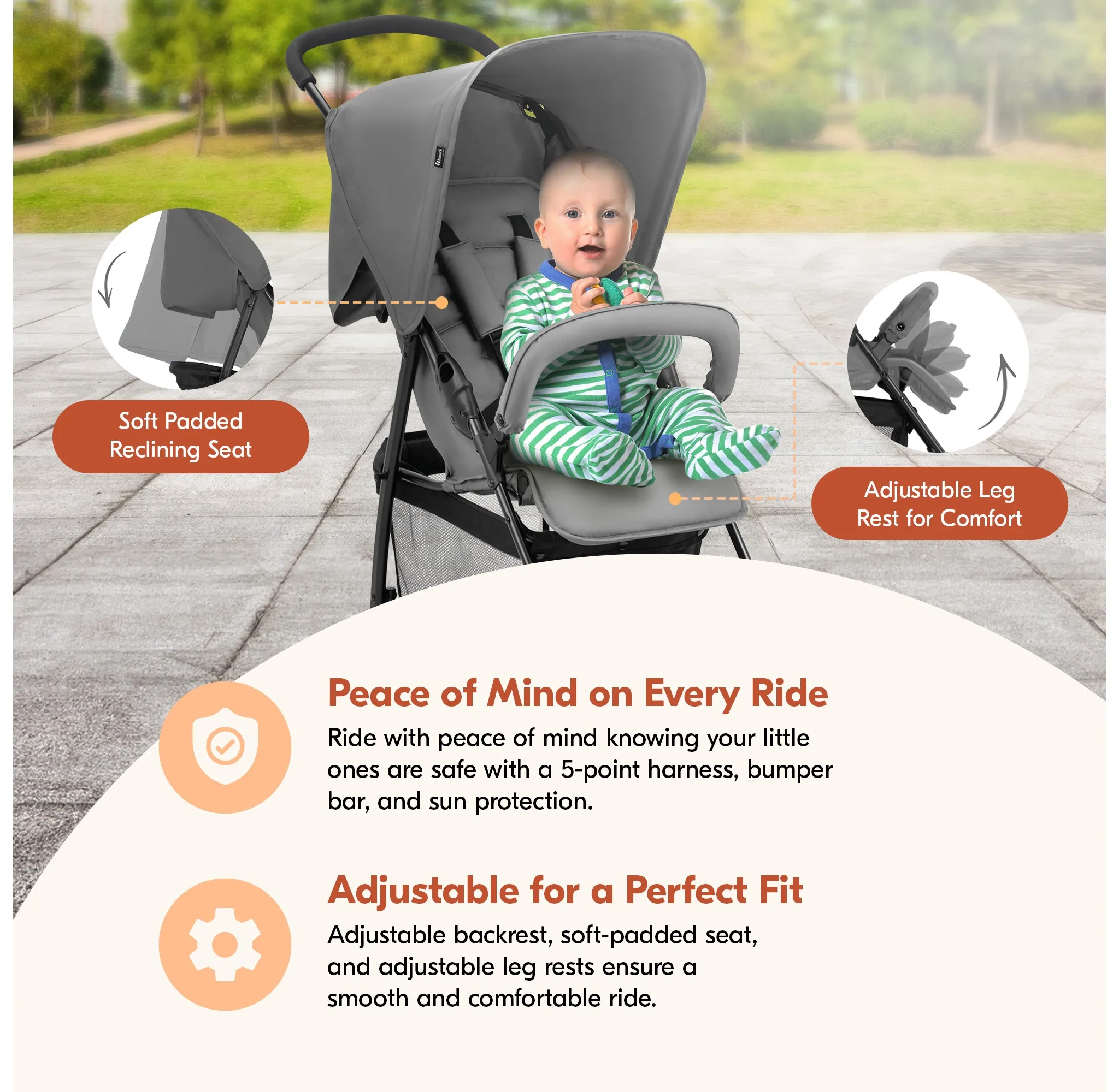 Lightweight Compact Foldable Baby Stroller - Grey - Image 3