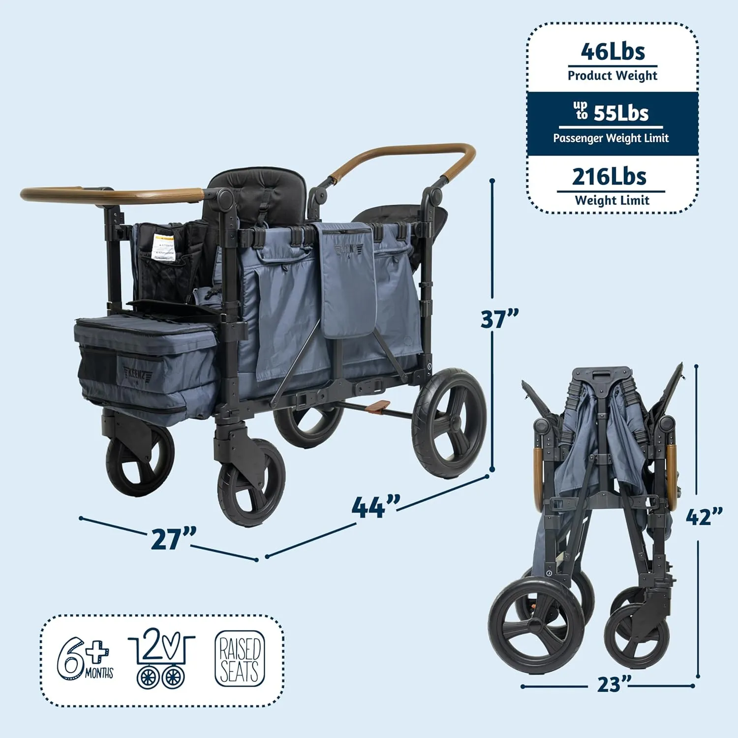 Luxury Comfort Stroller Wagon 2 Passenger - Steel Blue - Image 2