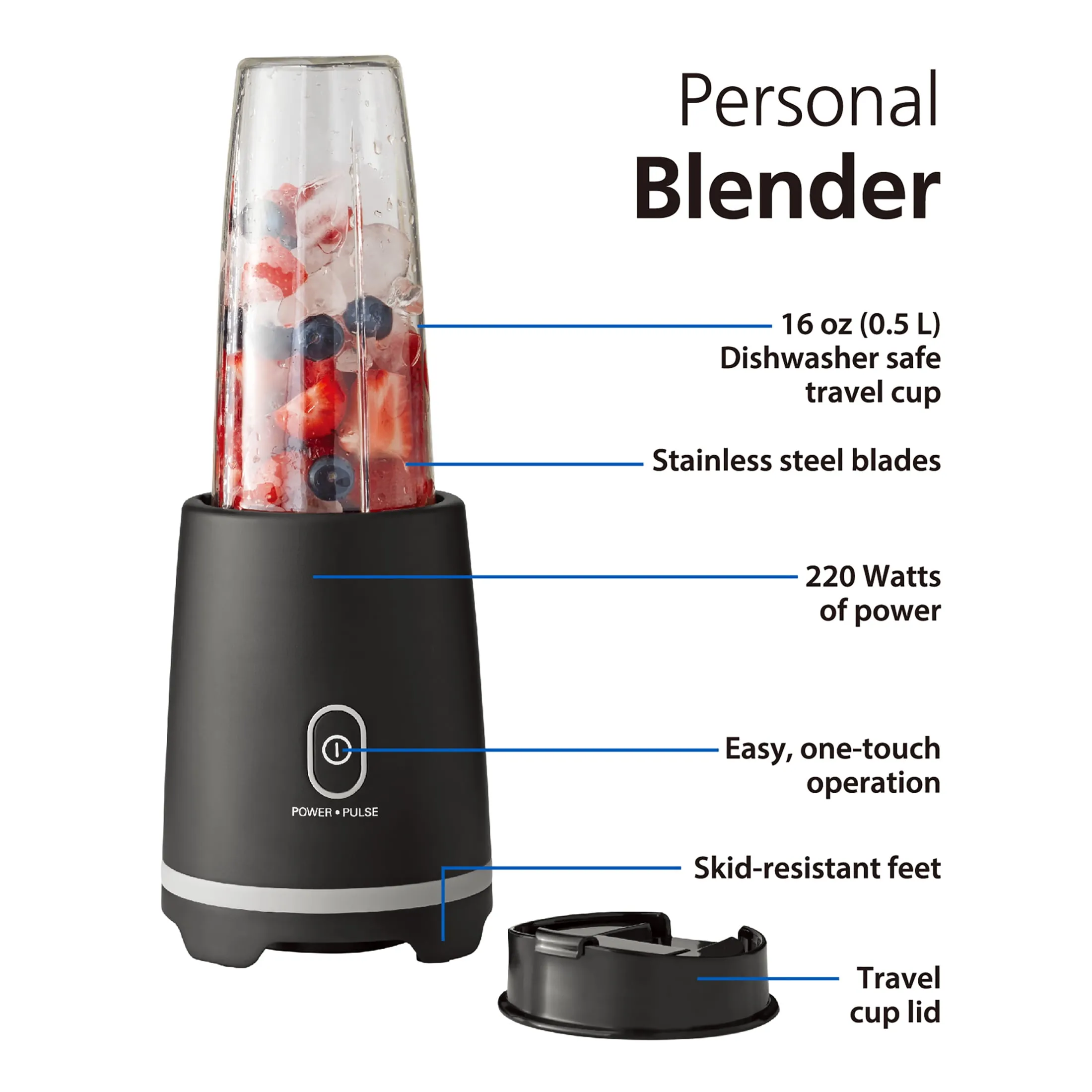 Mainstays Black Single-Serve Blender with Travel Lid, 16 oz - Image 4