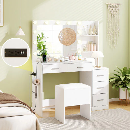 Makeup Table and Stool Set With Hair Dryer Stand-White - Image 8