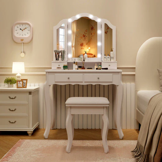 Makeup Vanity Table Set With Lighted Mirror and Drawers-White - Image 3