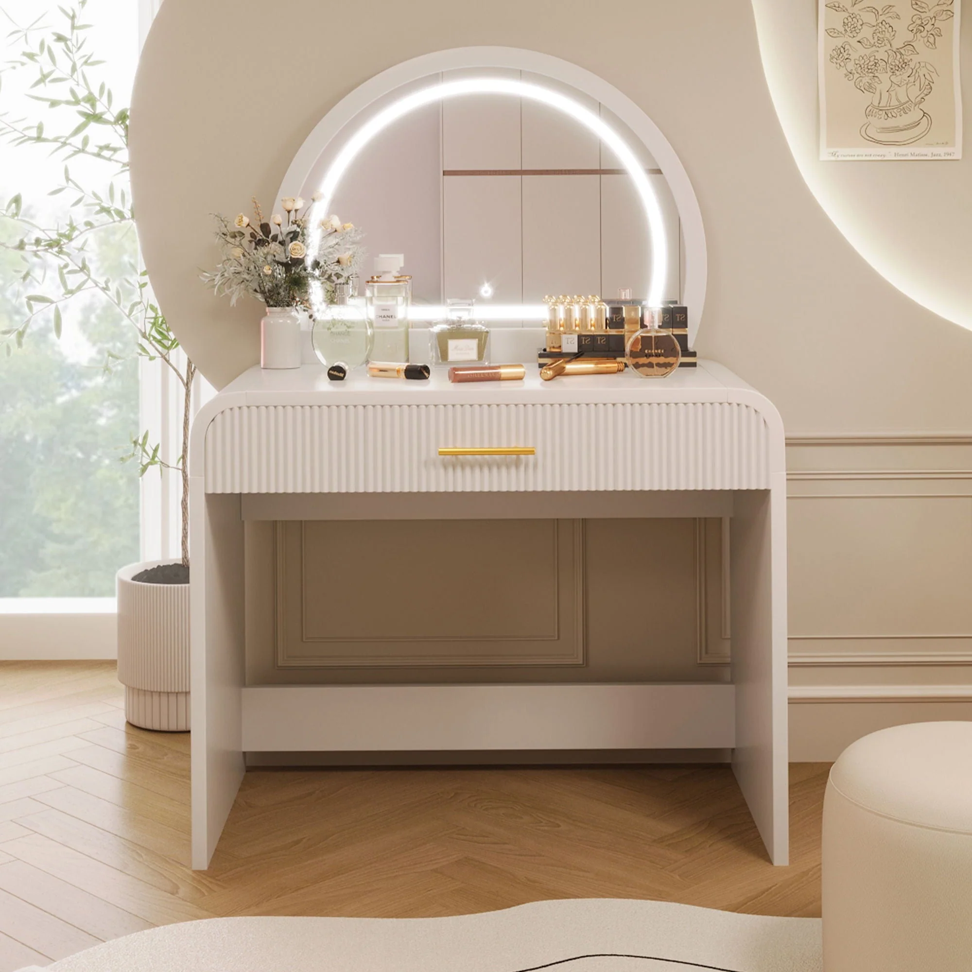 Makeup Vanity Table With Mirror Touch Screen Lighted Mirror, Dressing Table With Drawer for Bedroom - White