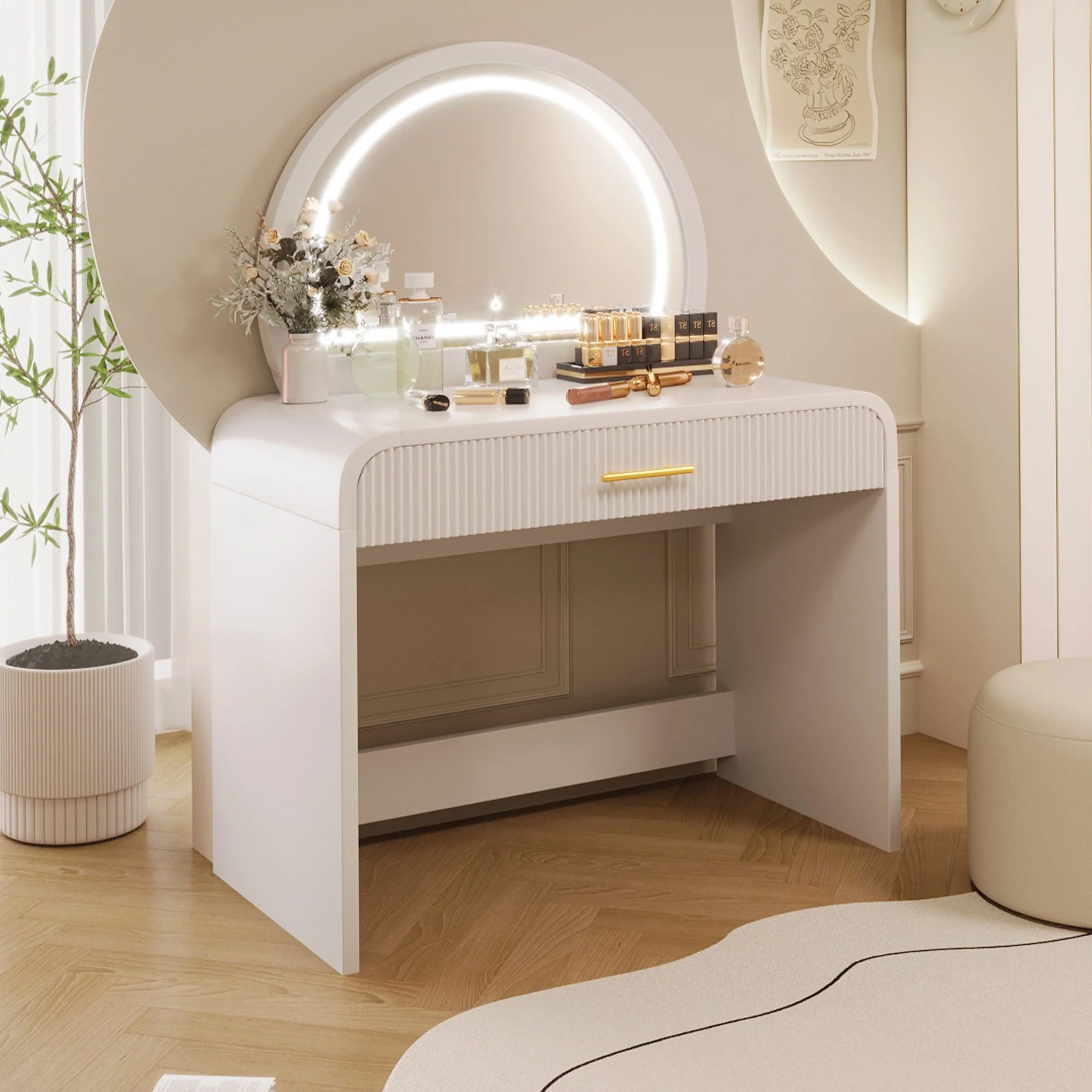 Makeup Vanity Table With Mirror Touch Screen Lighted Mirror, Dressing Table With Drawer for Bedroom - White - Image 3