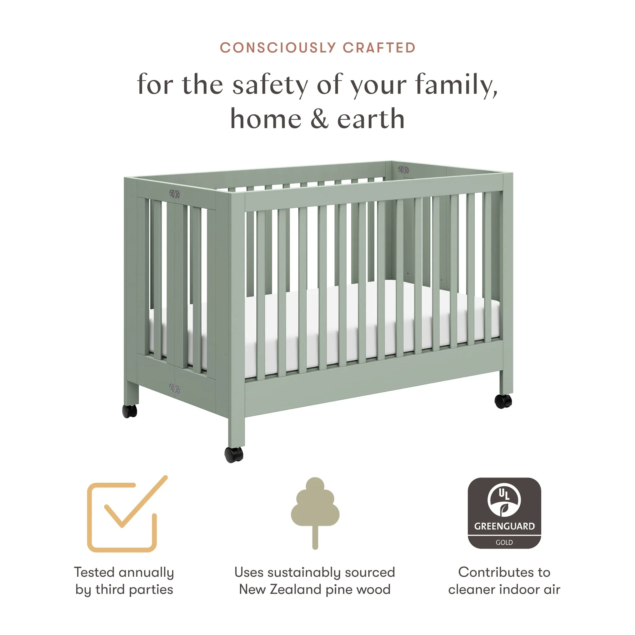 Maki Full-Size Folding Crib with Toddler Rail - Light Sage - Image 5