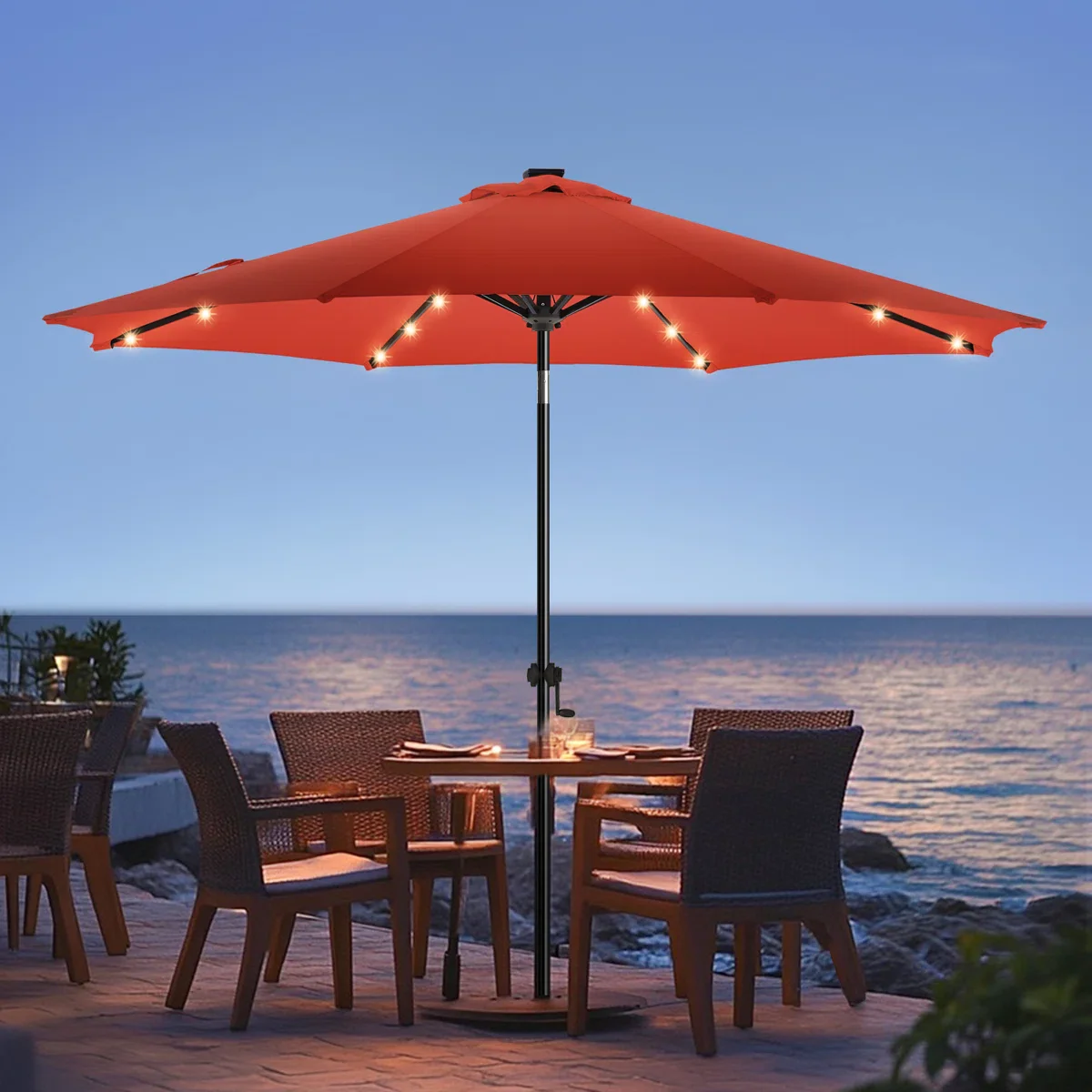 108'' Solar LED Lighted Market Patio Umbrella with Crank & Tilt - Red - Image 2