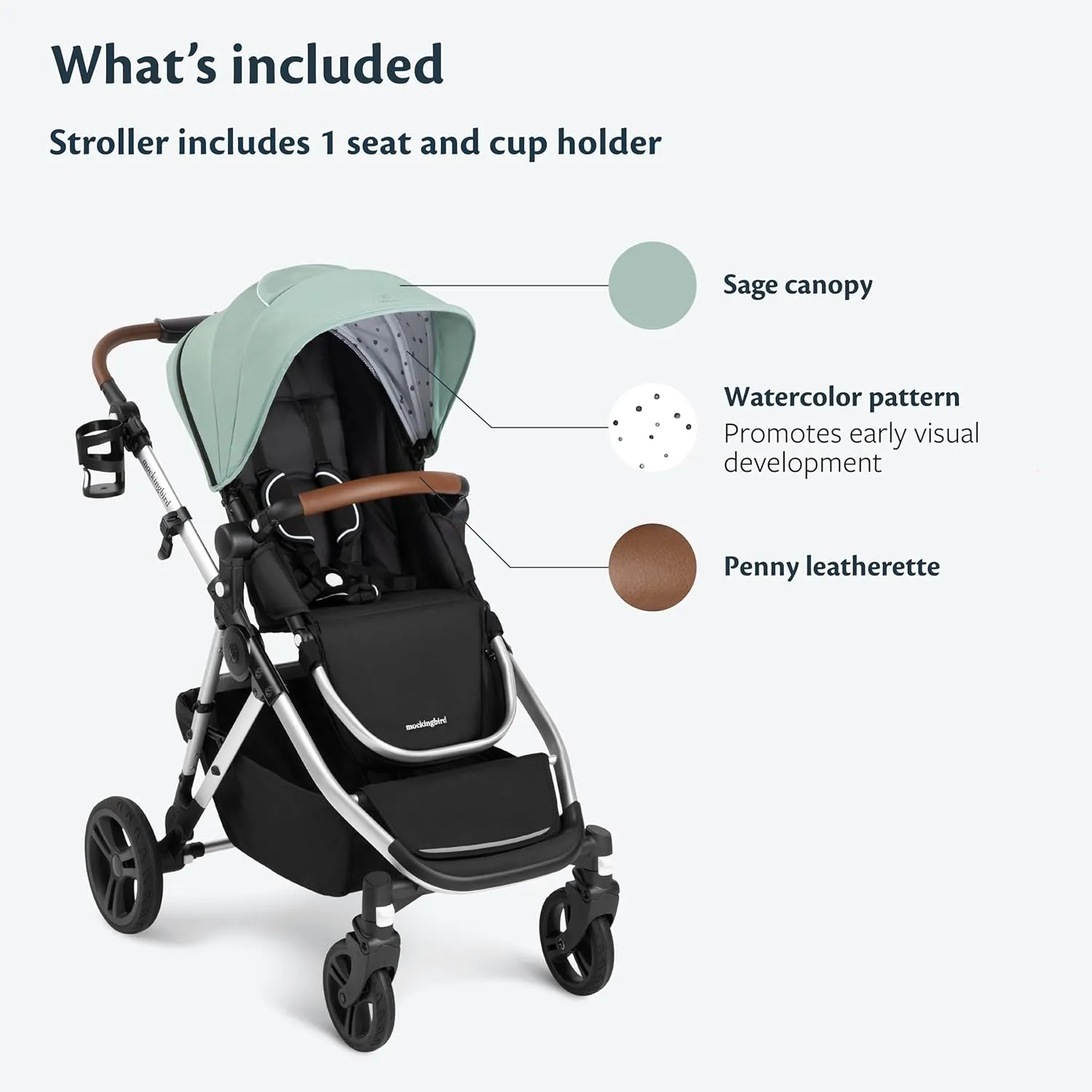 Single-to-Double Stroller 2.0 + Cup Holder - Sage Canopy with Watercolor Interior Pattern - Image 2