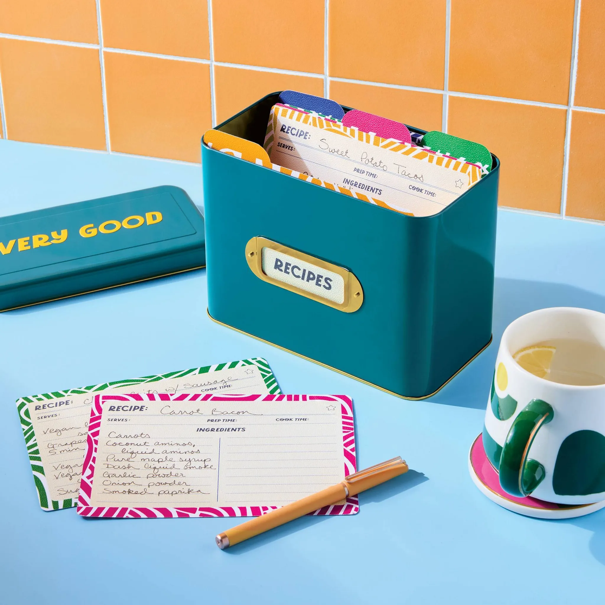 Metal Recipe Box with Blank Cards - Teal - Image 3