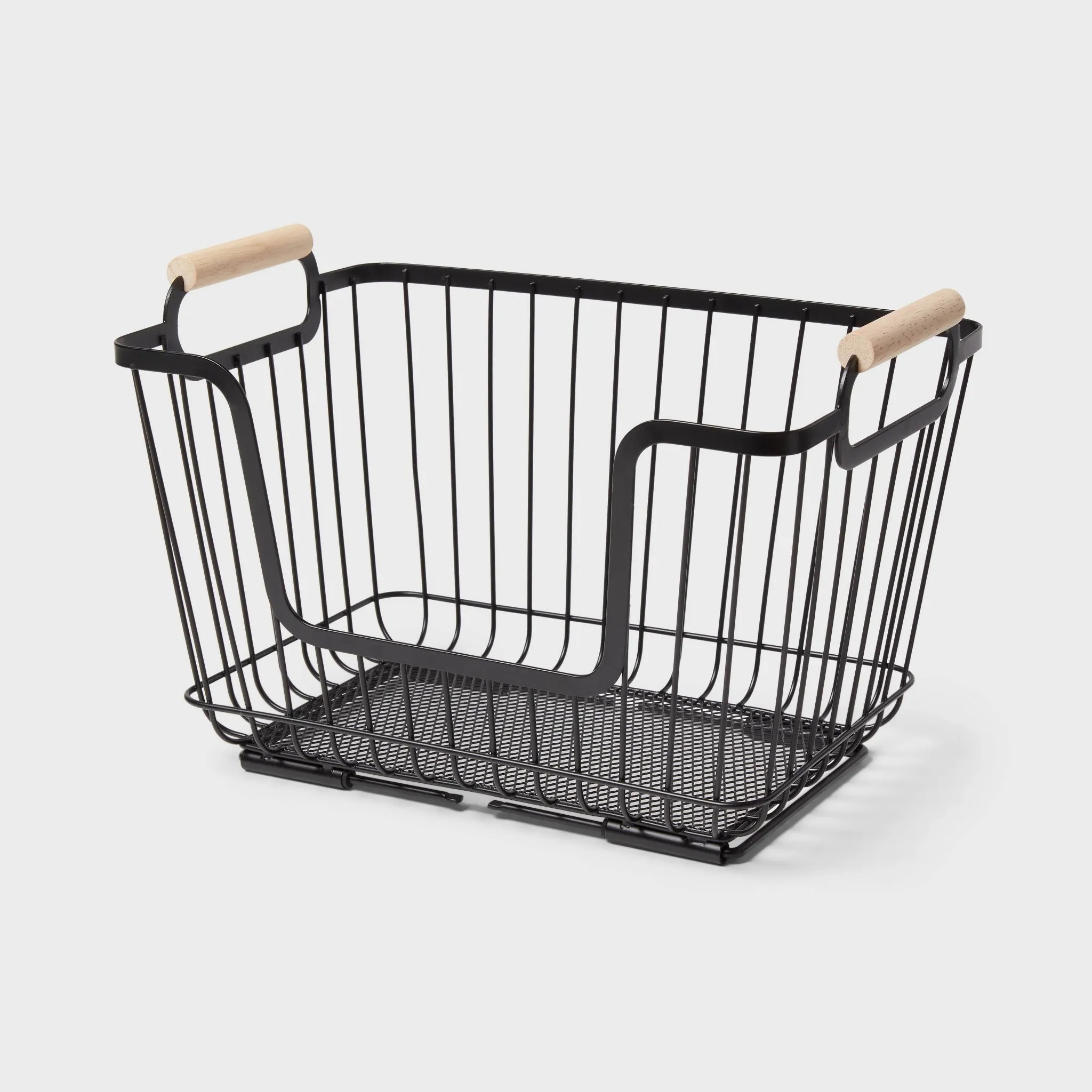 Metal Stackable Wire Pantry Basket with Rubber Wood Handle Black - Image 2