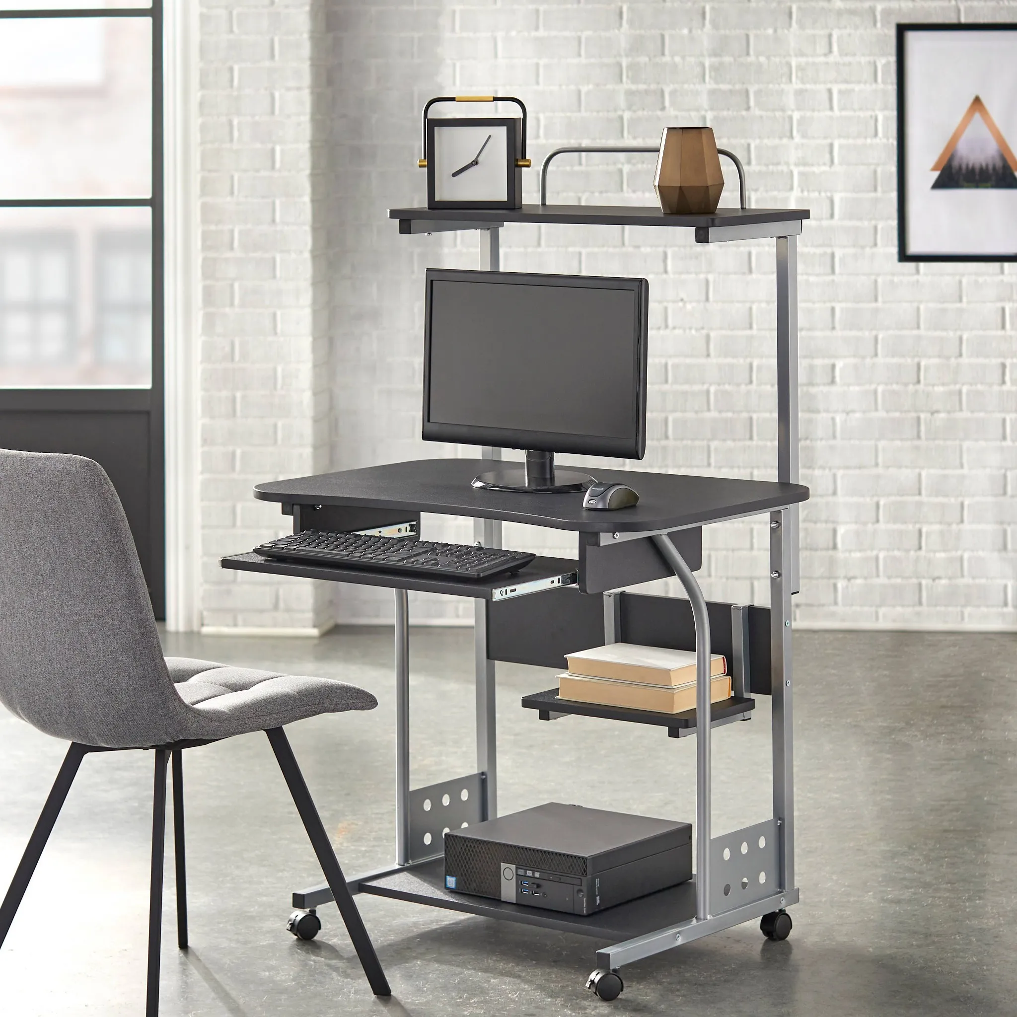 Mobile Computer Tower with Shelf - Black - Image 3