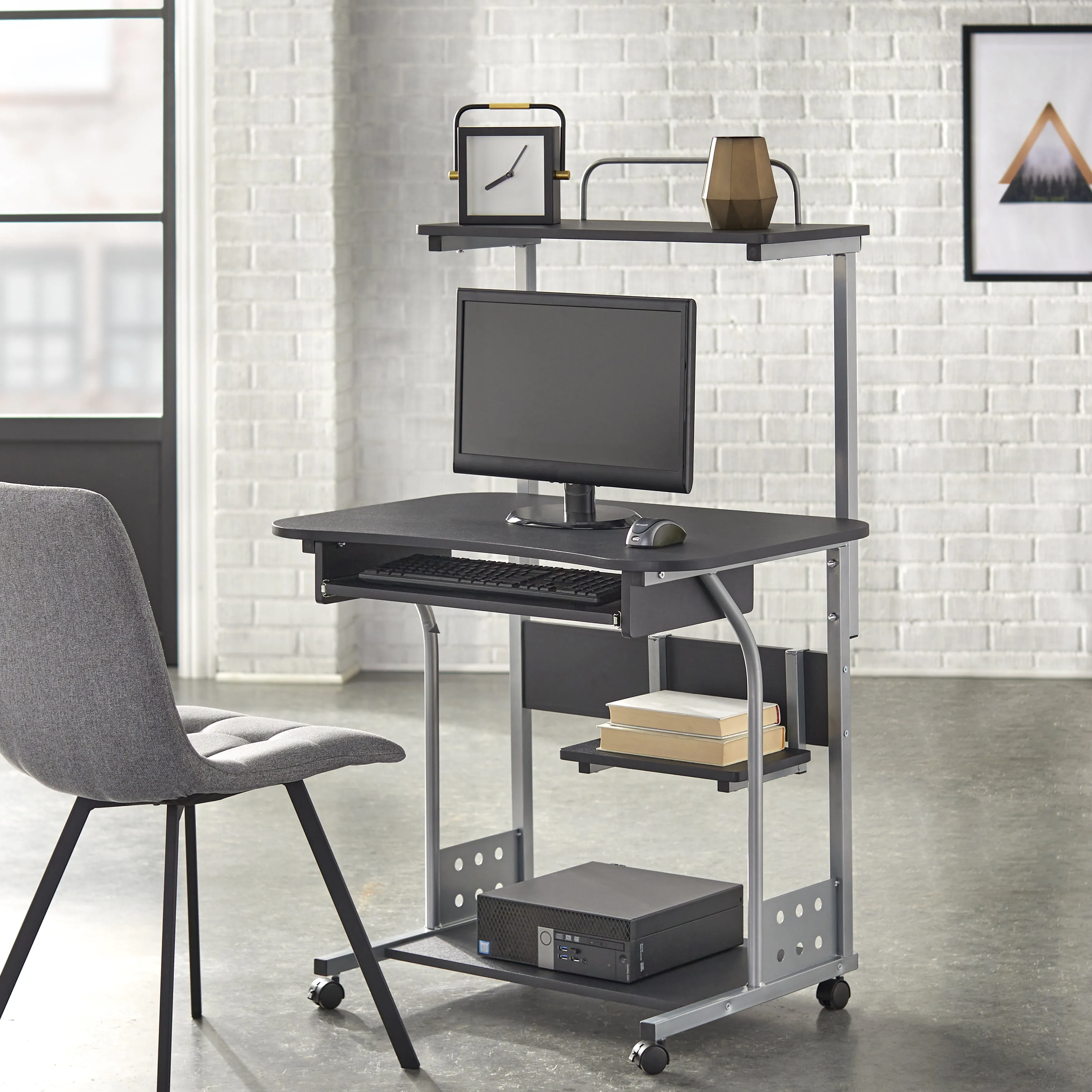 Mobile Computer Tower with Shelf - Black - Image 5