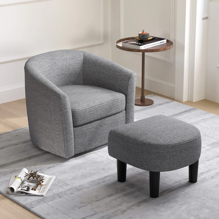Modern Club Swivel Accent Chair With Ottoman Footrest Curved Backrest-Beige - Image 6