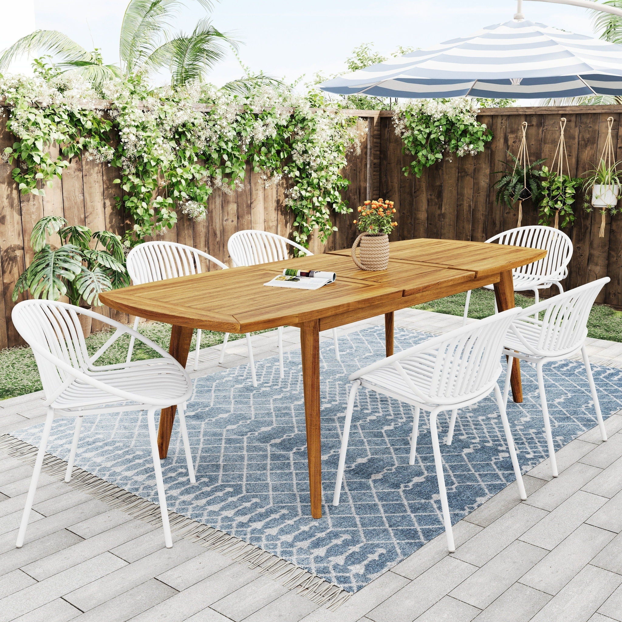 Modern Outdoor 7 Piece Expandable Dining Set With Stackable Chairs - Image 6