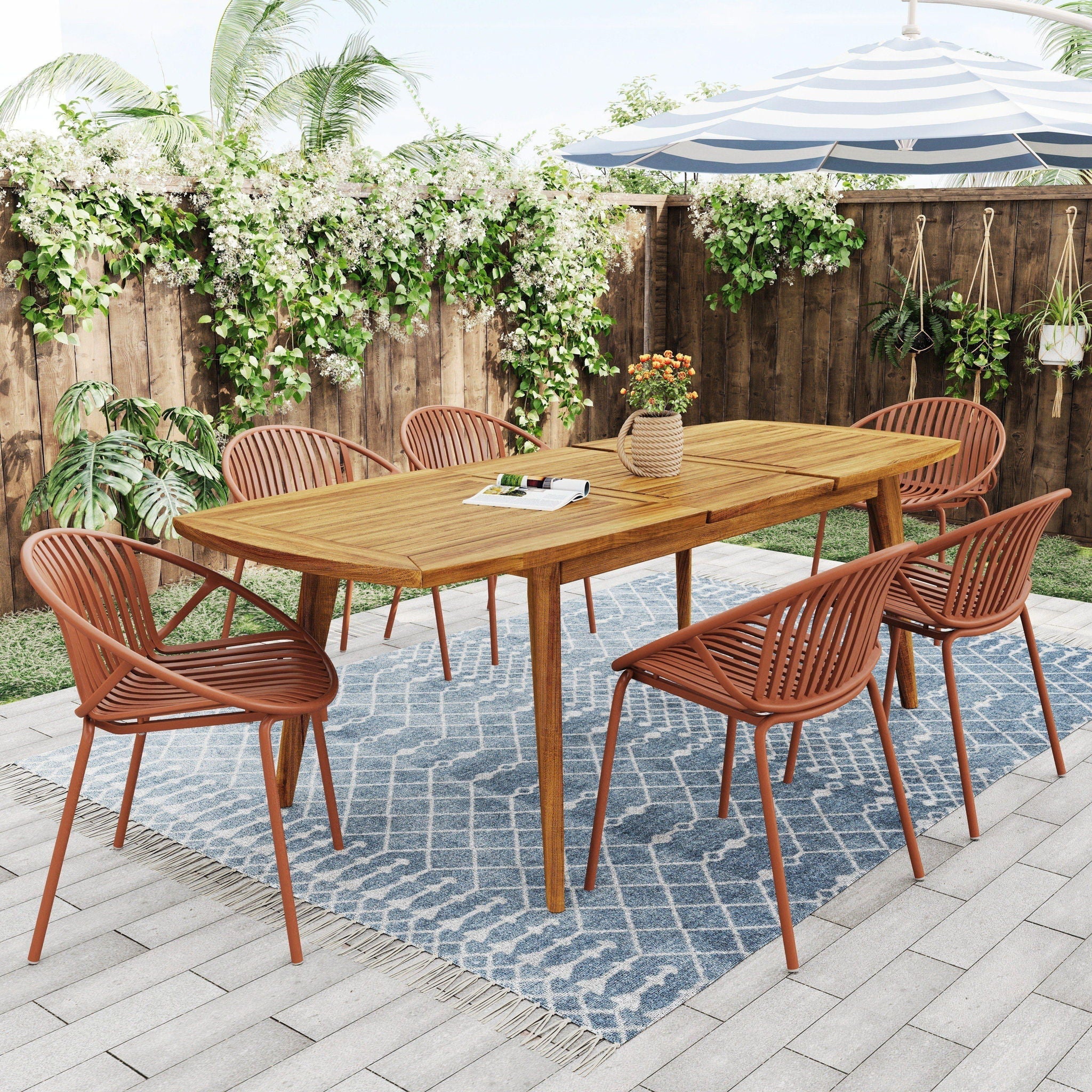 Modern Outdoor 7 Piece Expandable Dining Set With Stackable Chairs - Image 8